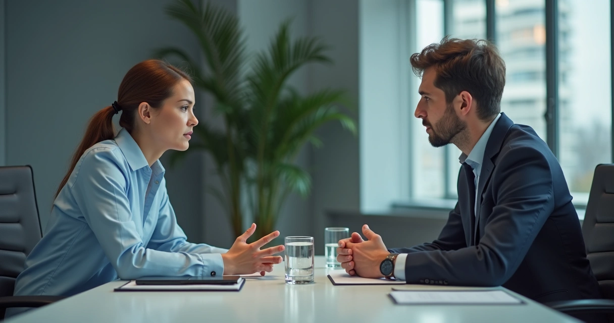 Dos personas conversan con tensión en una sala de reuniones 