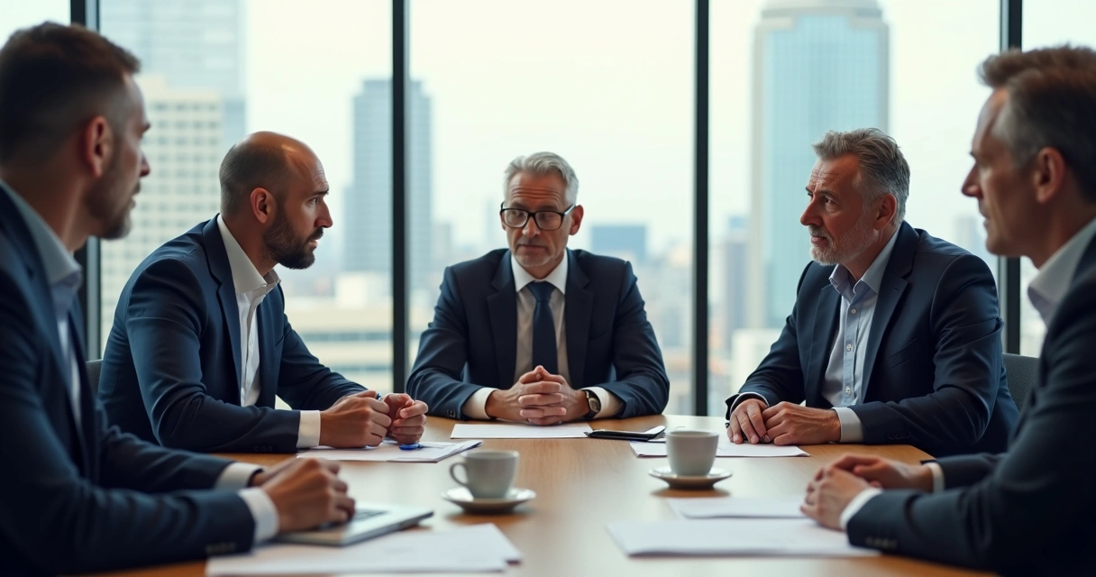 Directivos en mesa circular durante discusión en reunión 