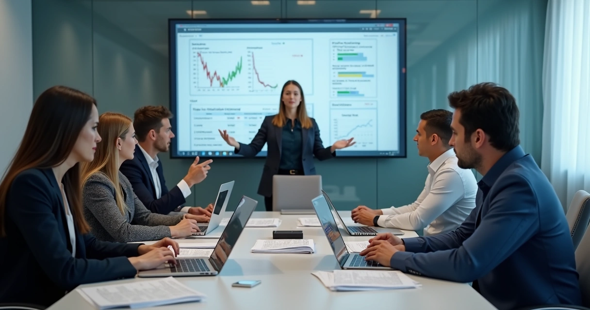Equipo reunido revisando datos durante una crisis 