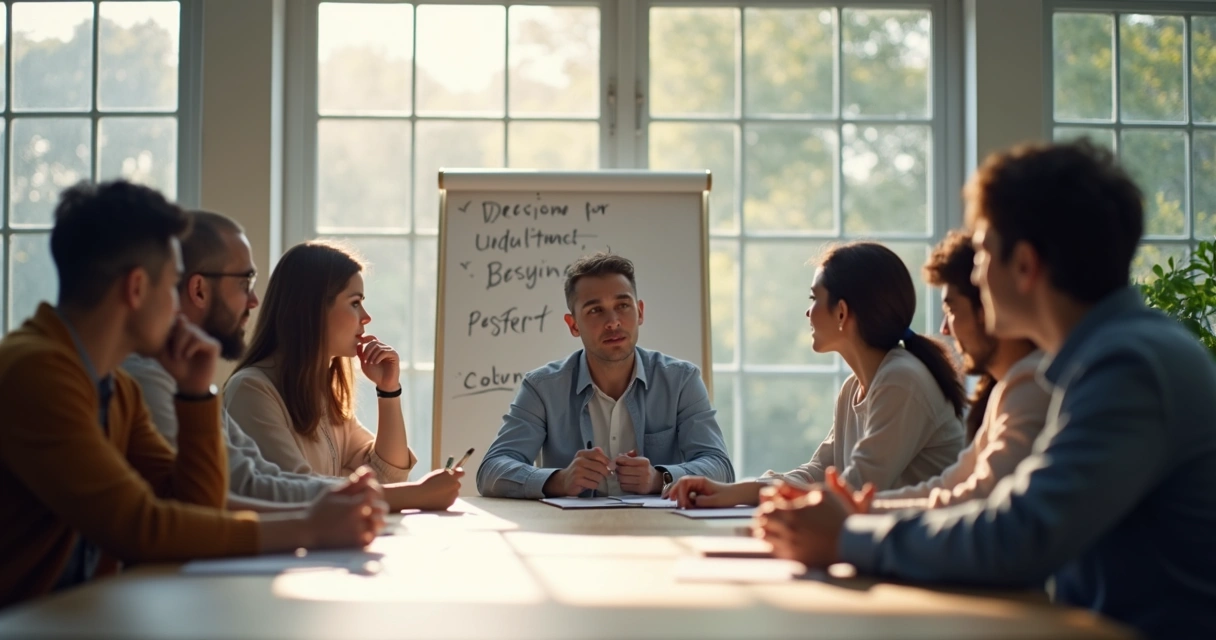 Equipo reflexionando en reunión sobre decisiones. 