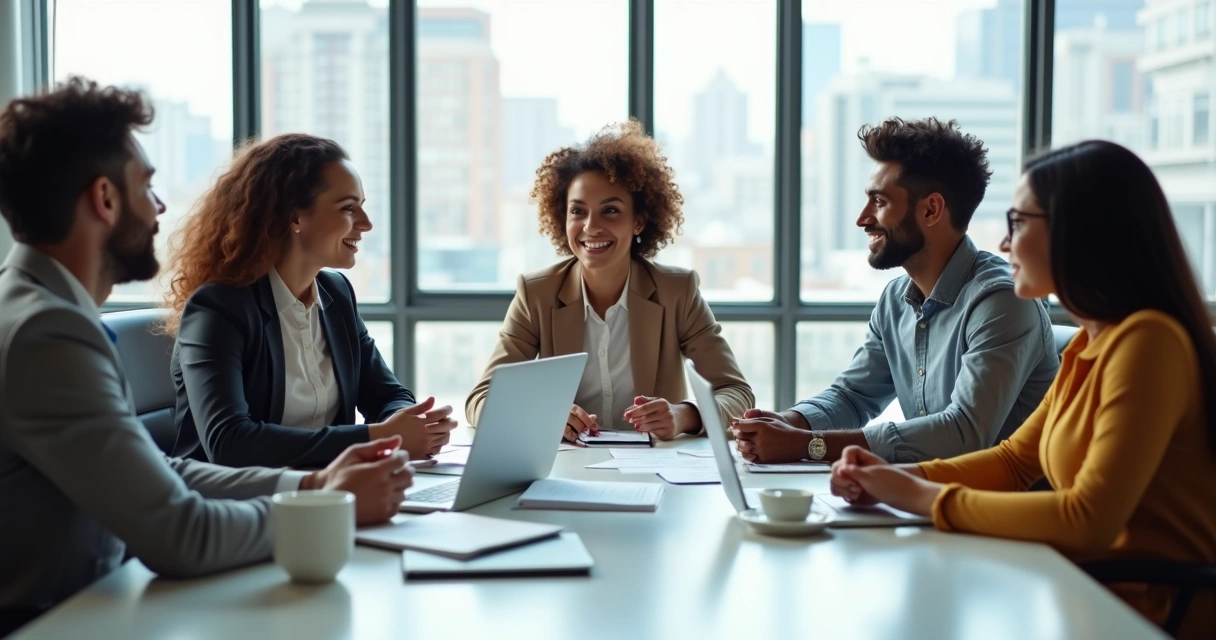 Personas en una reunión de trabajo discutiendo sobre autovaloración