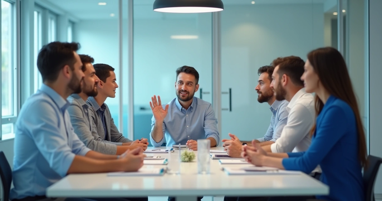 Personas en una reunión de trabajo con gestos indicando debate o negociación