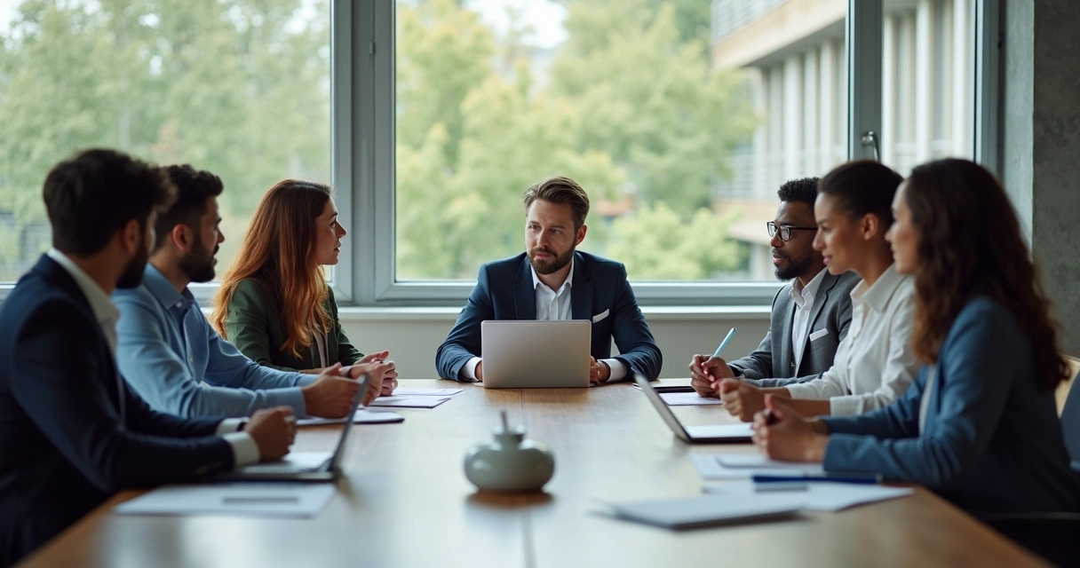 Personas de diferentes culturas sentadas en mesa de reuniones con papeles y tecnología 