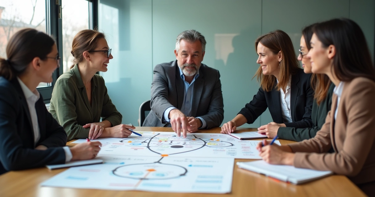 Equipo reunido revisando un mapa sistémico en una mesa