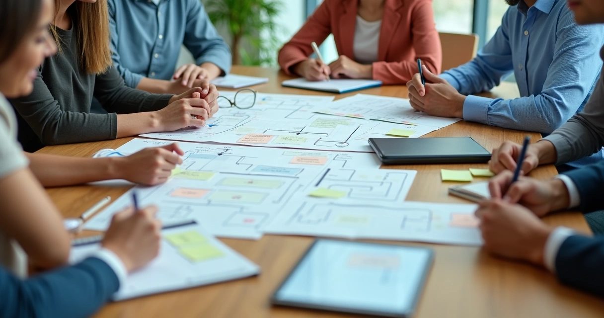 Equipo revisando escenarios en una mesa con notas y gráficos