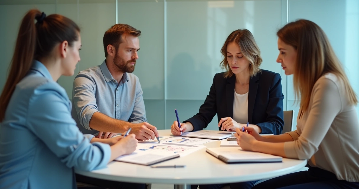 Equipo reunido revisando opciones en una mesa de trabajo