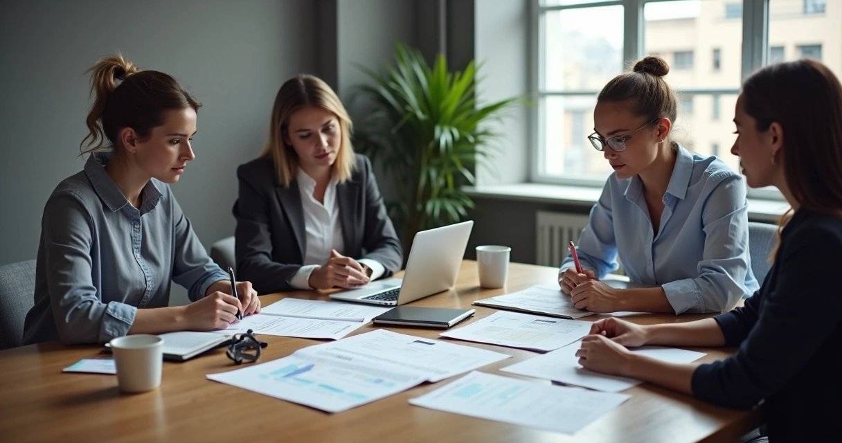 Personas revisando documentos en una reunión de decisión ética 