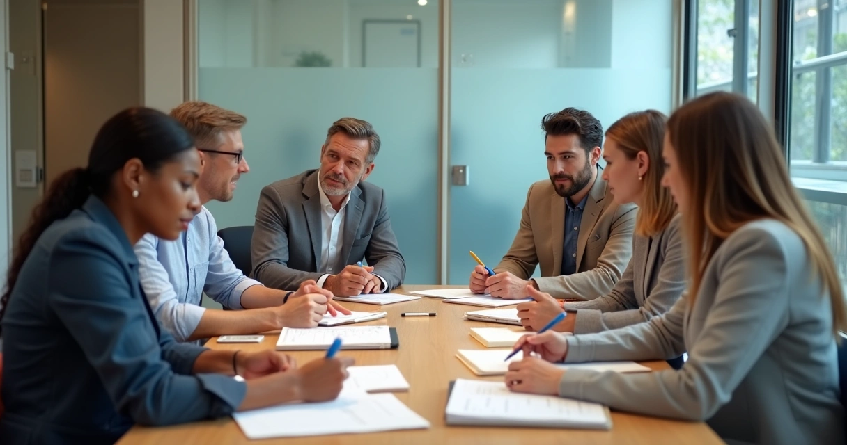 Grupo en reunión revisando una decisión ética con notas y gestos diversos 