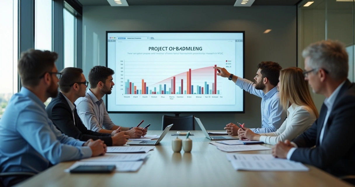 Reunión de equipo revisando datos de un proyecto en una sala de juntas 