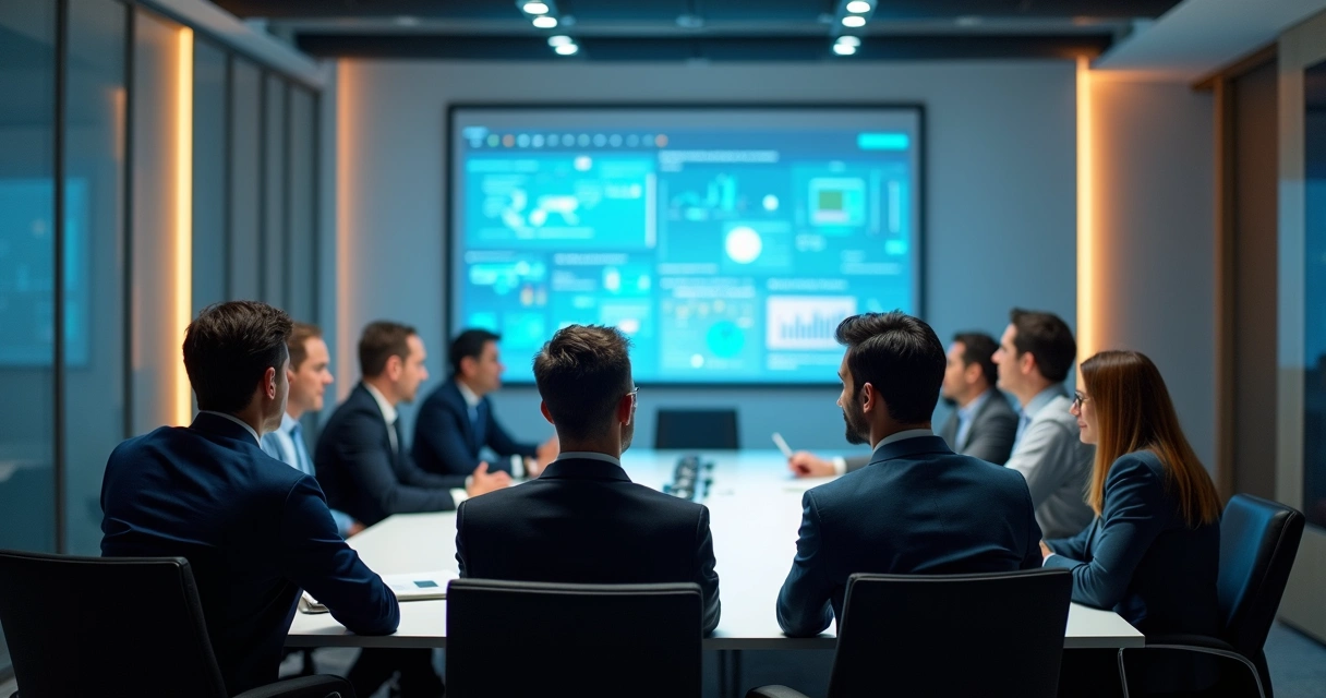 Equipo en reunión, algunos miembros analizando datos y otros reflexionando en silencio
