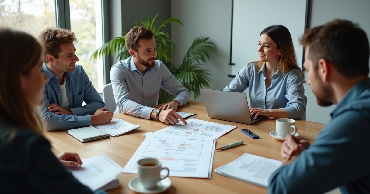 Equipo revisando tareas en una mesa de trabajo 