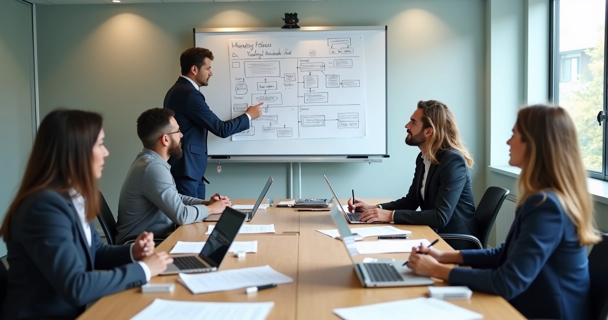 Equipo reunido definiendo responsabilidades en una oficina moderna 