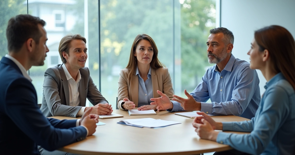 Personas conversando en una reunión con notas y gestos de escucha