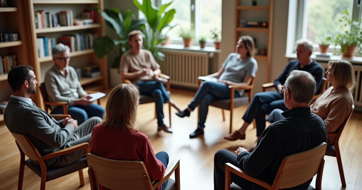 Personas sentadas en círculo conversando en un espacio comunitario 