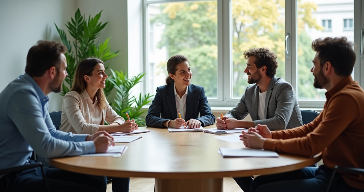 Mesa redonda con personas dialogando y tomando notas en ambiente luminoso 