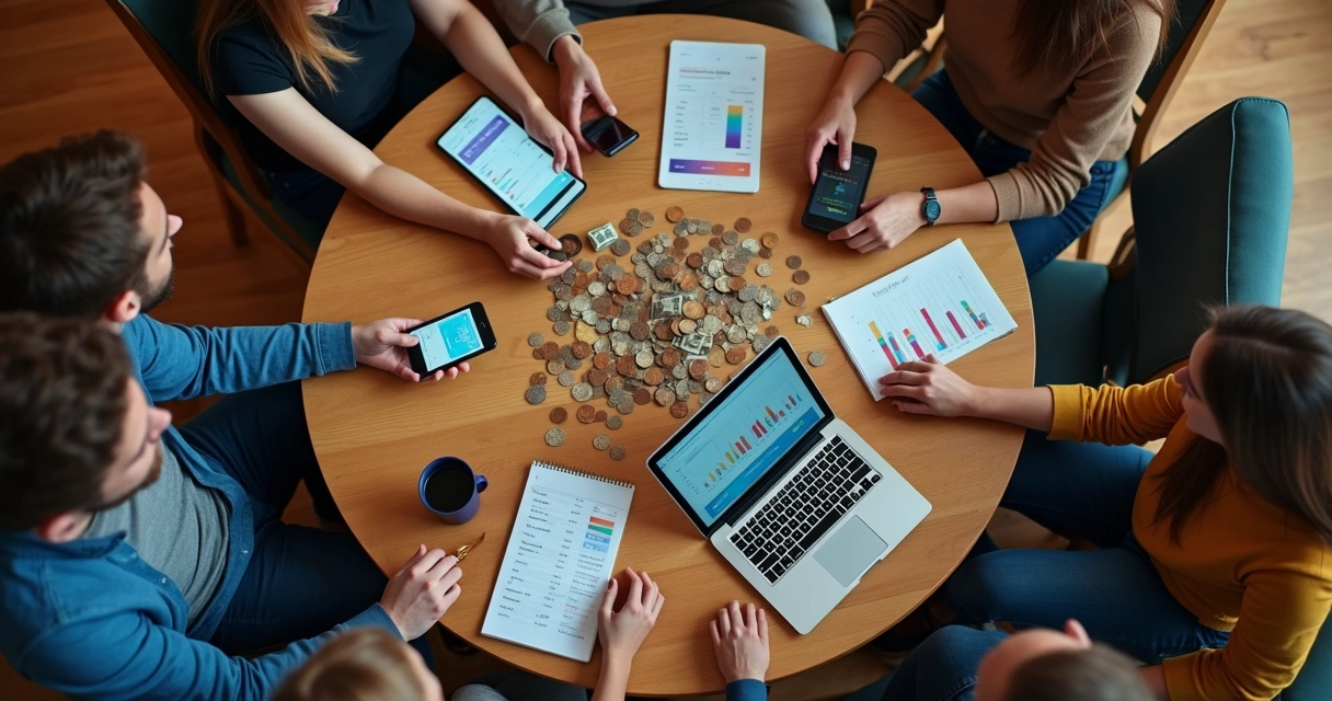 Grupo de amigos organizando dinero sobre una mesa 