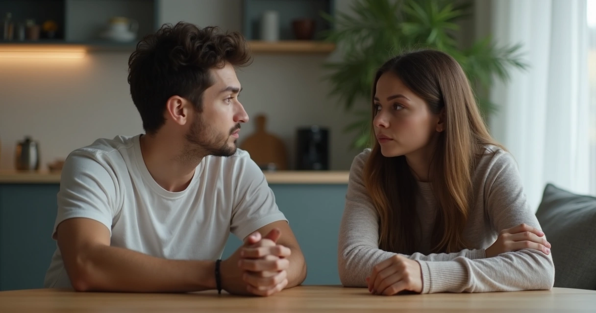 Pareja sentados en una mesa, evitando la mirada del otro. 