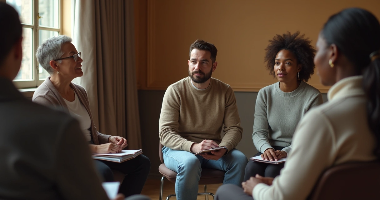 Grupo en reunión con expresiones faciales diversas