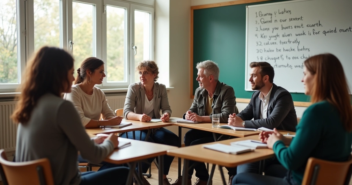 Personas sentadas conversando en círculo en aula 