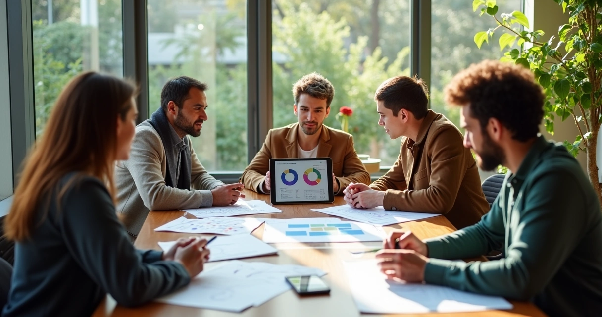 Personas reunidas revisando datos y acuerdos colaborativos 
