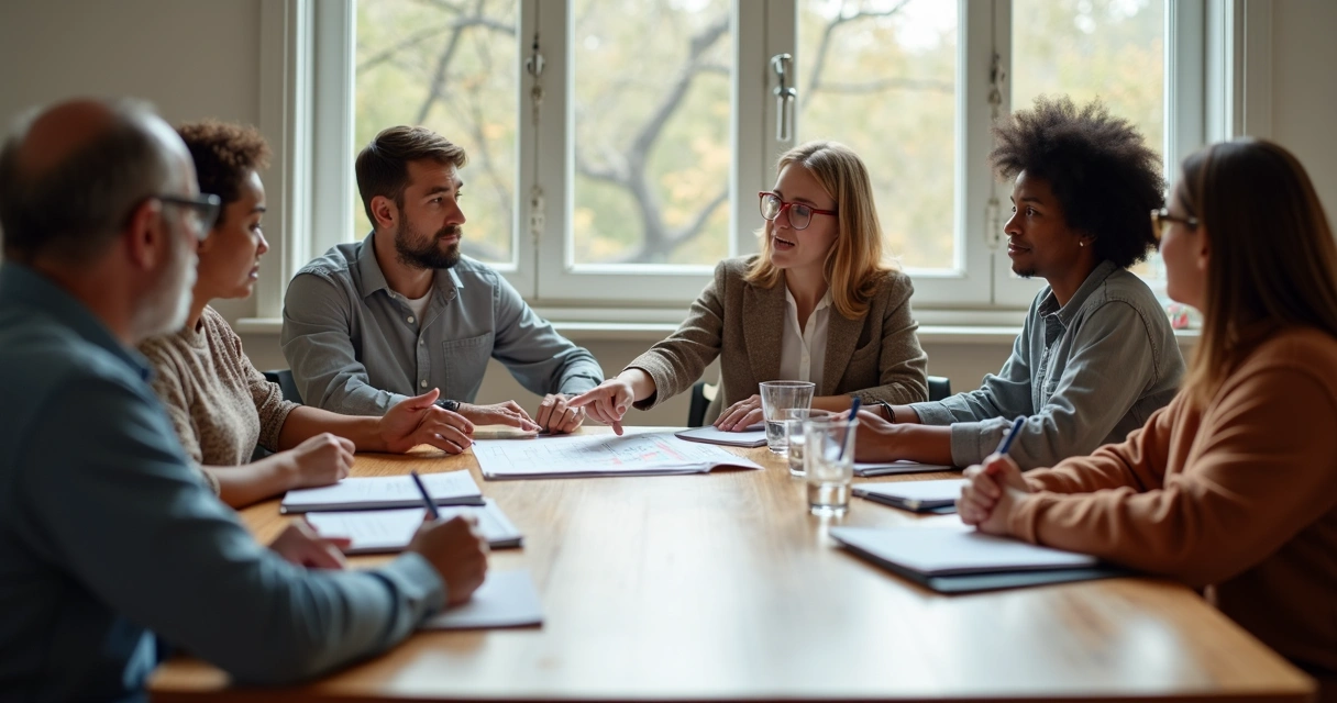 Grupo de personas en reunión comunitaria con gráficos y cuadernos sobre la mesa