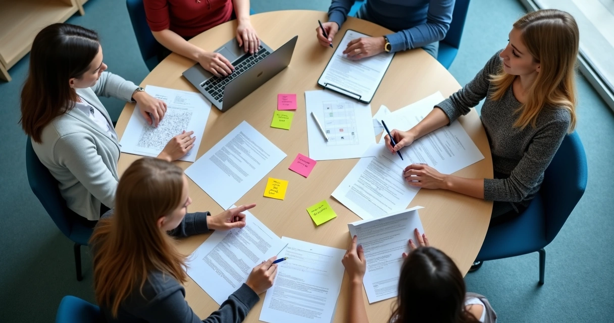 Reunión educativa con notas y gráficos en mesa 