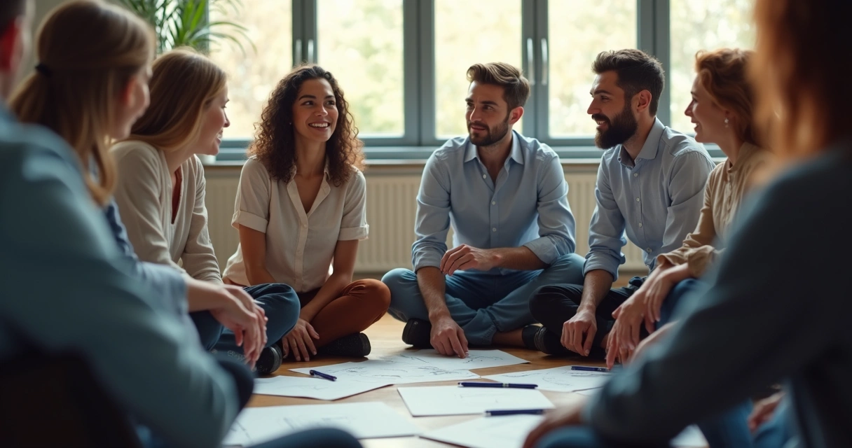 Personas sentadas en círculo, compartiendo emociones en una reunión 