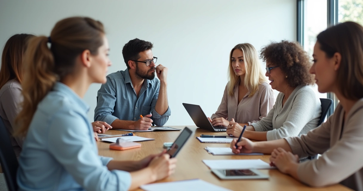 Personas en una reunión mostrando diversas emociones sutiles en sus expresiones y postura