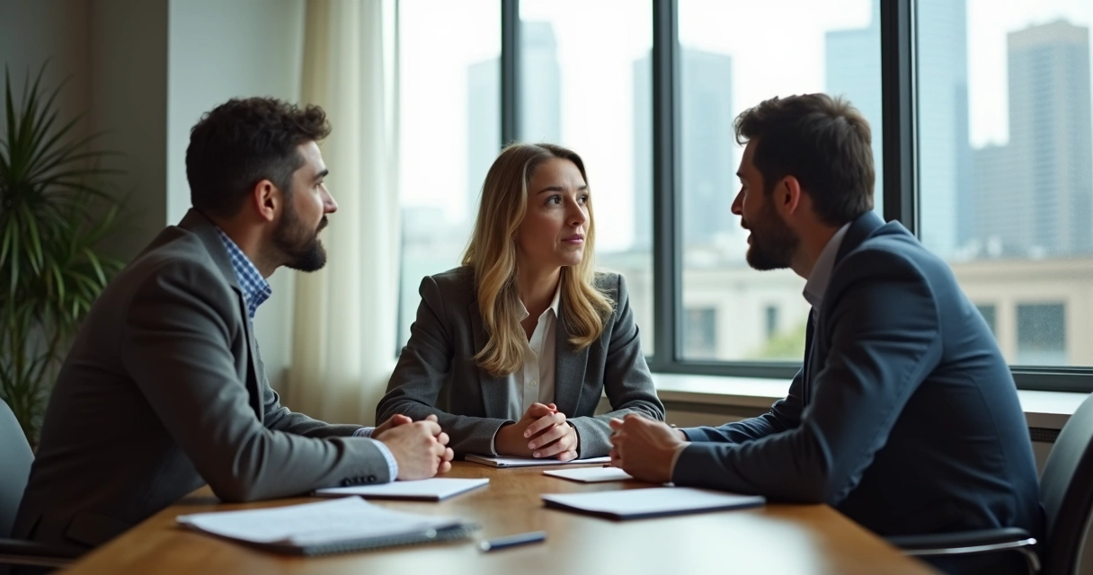Pequeño grupo en sala de reuniones conversando sobre emociones del trabajo 