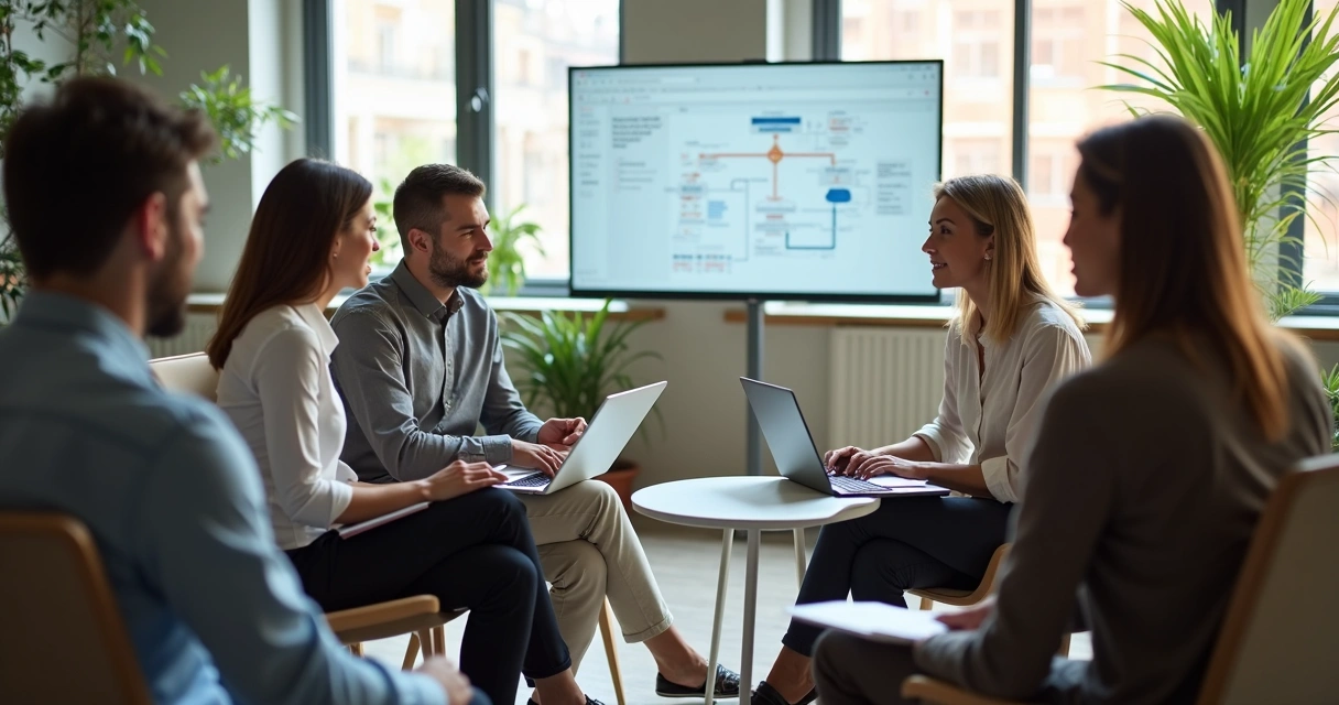Reunión de equipo con escucha activa en oficina moderna