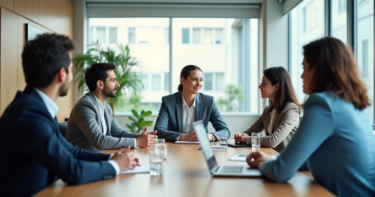 Equipo reunido en una oficina con escucha activa y ambiente profesional