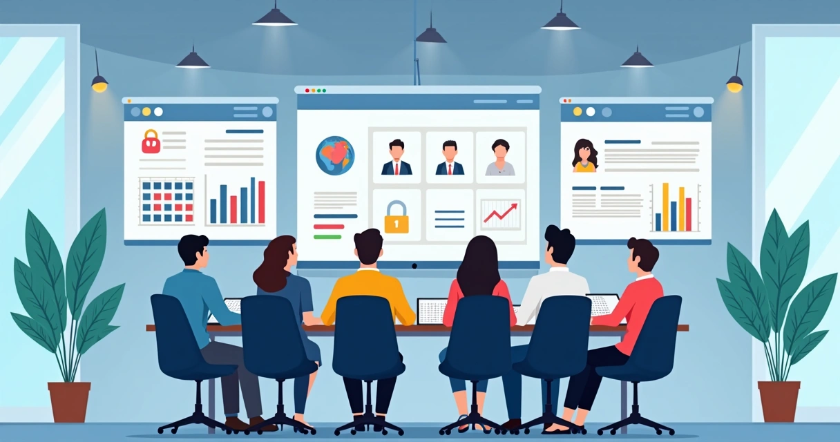 Reunión de empleados en sala digital monitoreando permisos y accesos 