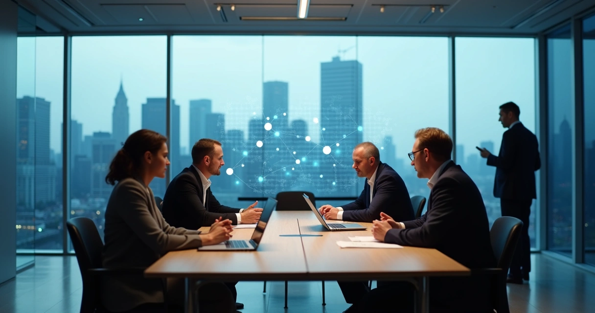Equipo directivo en una sala de reuniones con dos personas aliadas en un aparte discreto 