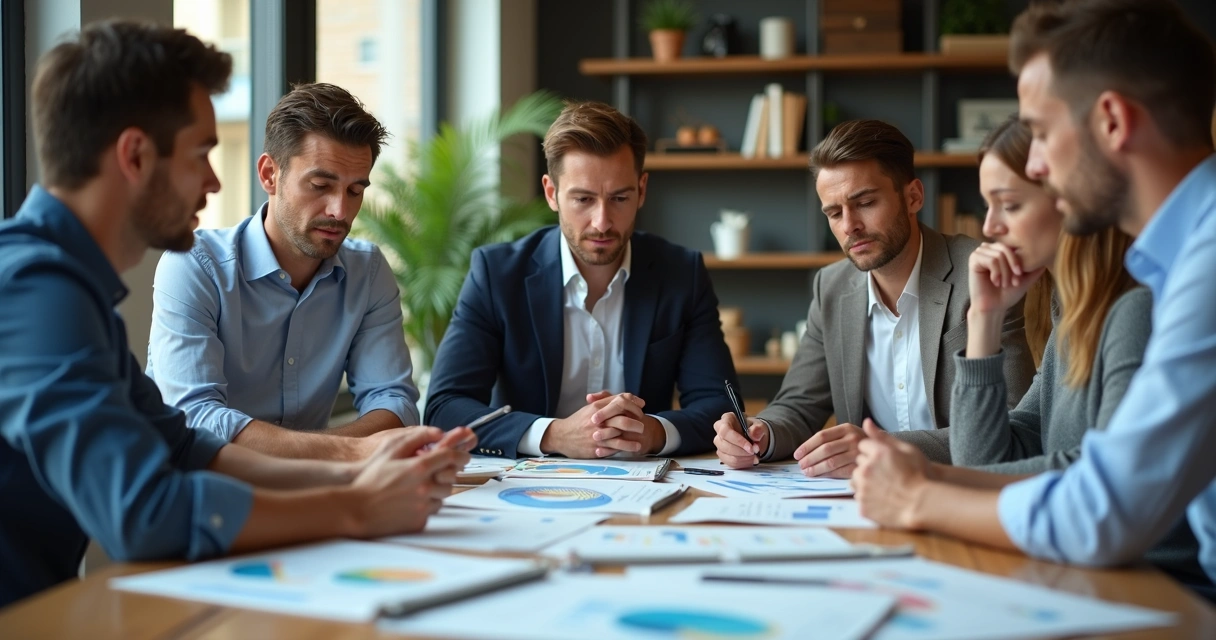 Equipo de empresa en una reunión analizando gráficos y tomando decisiones.