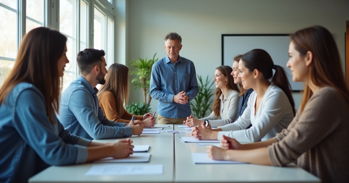 Equipo de oficina en reunión, variedad de posturas y expresiones 