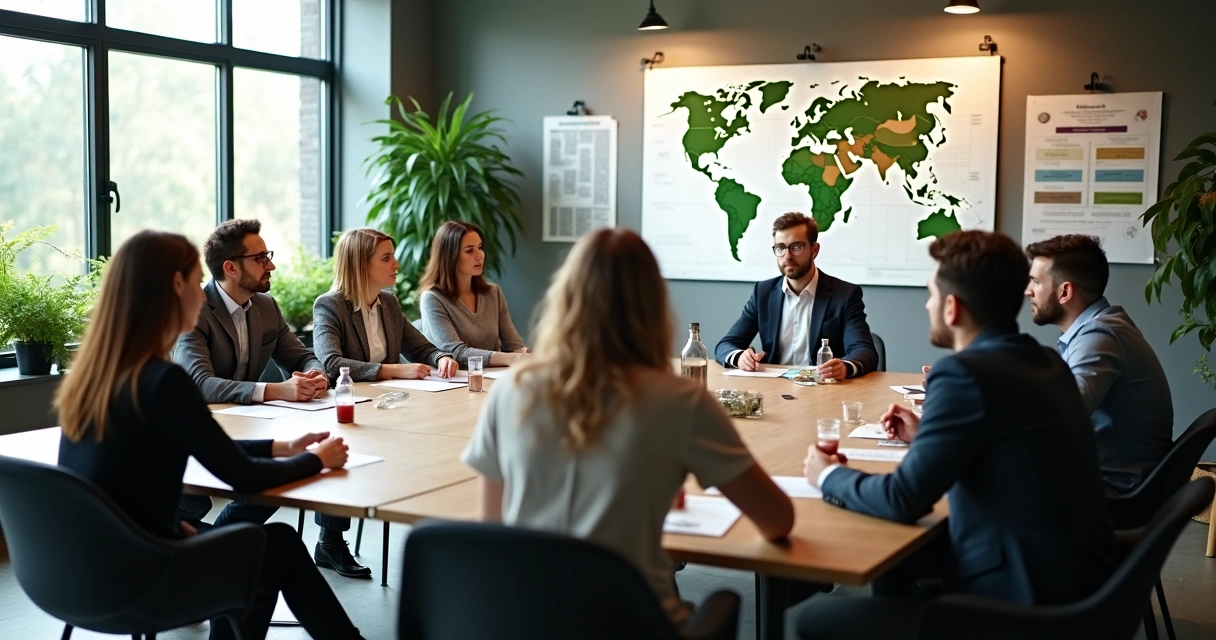 Reunión de equipo trabajando en objetivos de sostenibilidad 