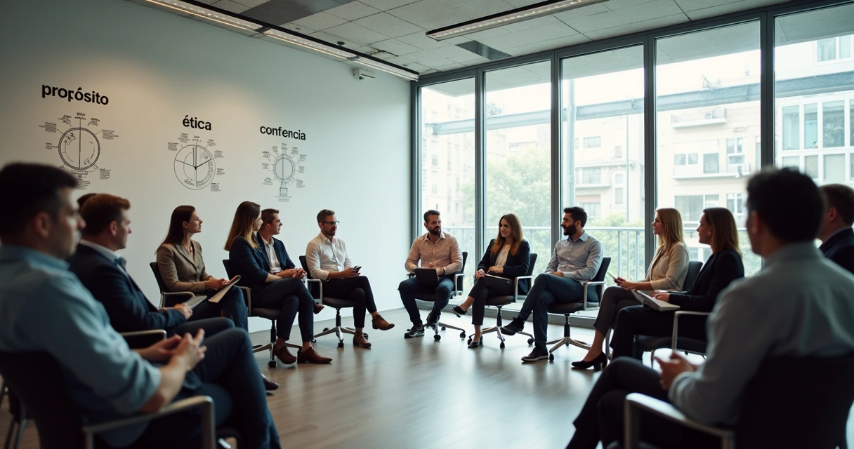 Reunión empresarial con grupo diverso sentado en círculo 