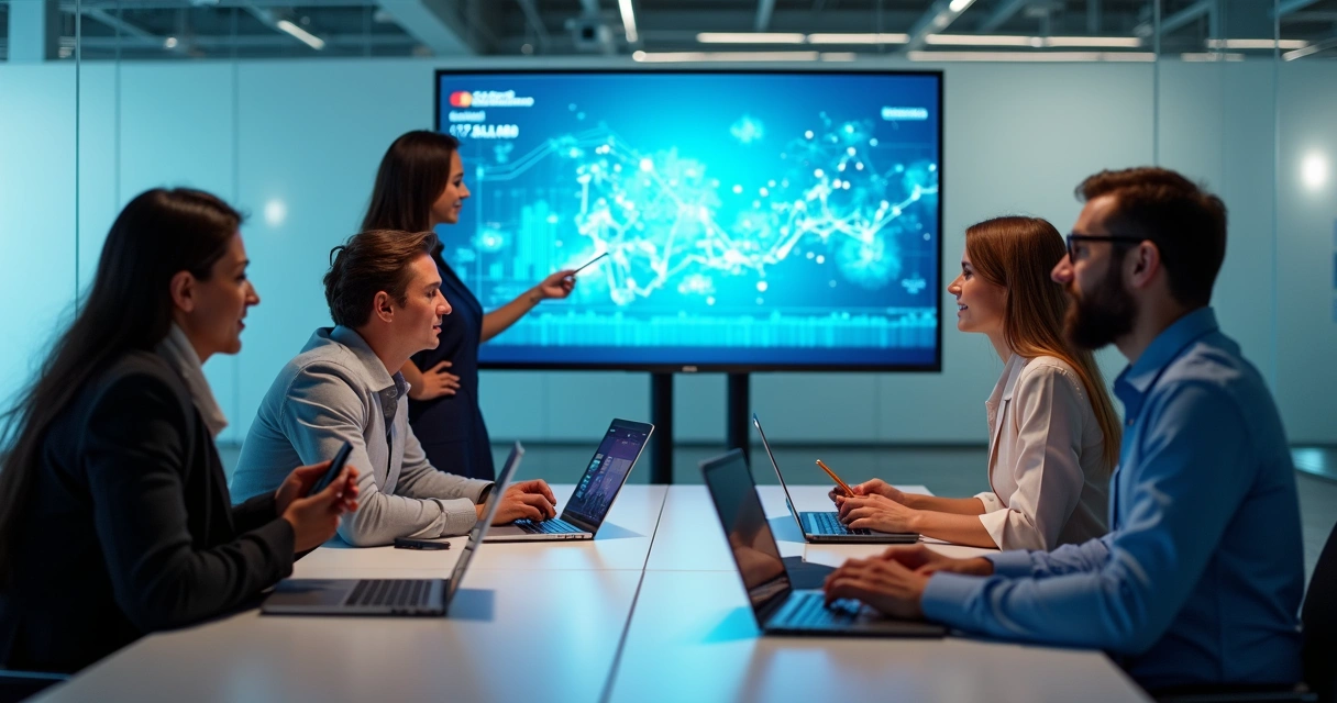 Personas en una reunión usando tecnología en la empresa 