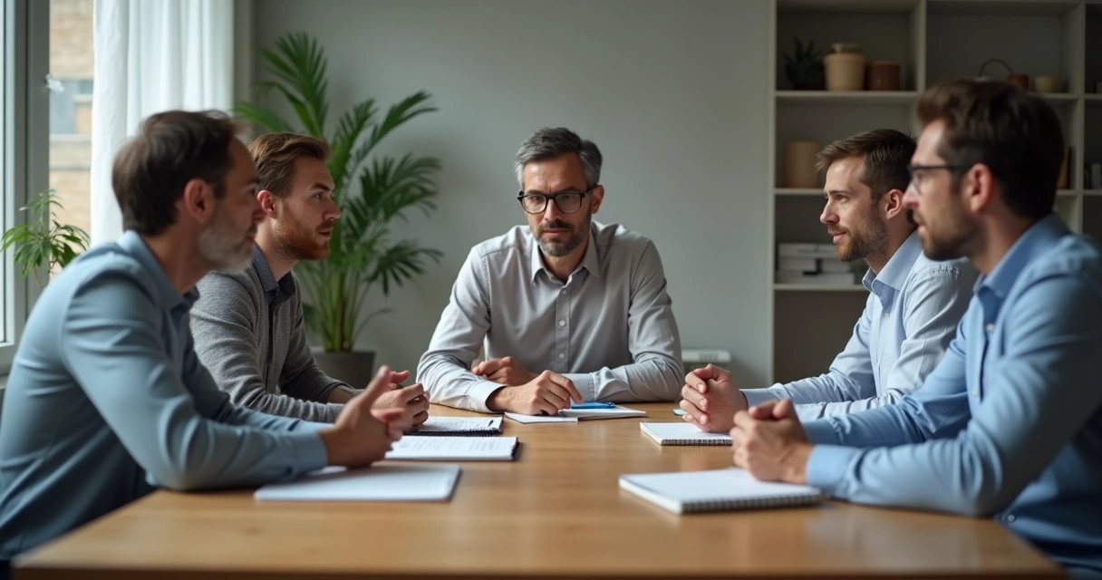 Personas en reunión con gesto de pausa y escucha atenta