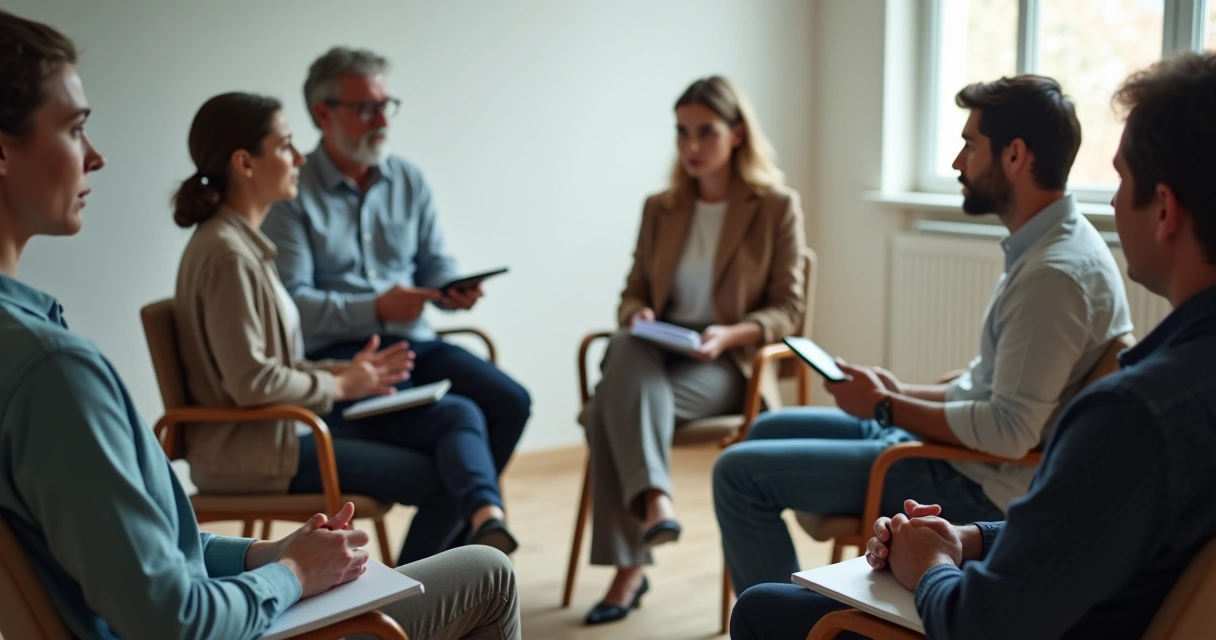 Personas sentadas en círculo en una reunión tensa 