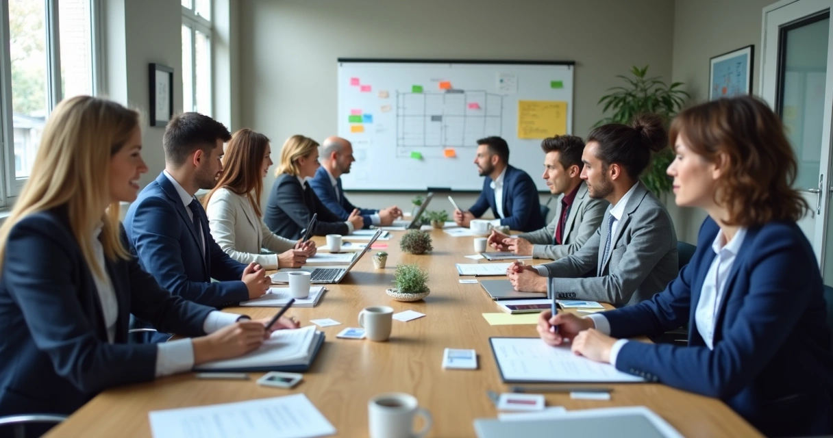 Personas reunidas con notas y gráficos en una mesa compartida 