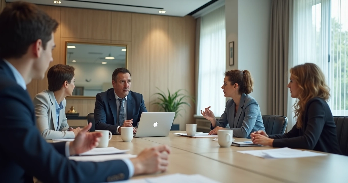 Personas sentadas alrededor de una mesa de reuniones, algunas compartiendo miradas cómplices, y otras con expresiones de incomodidad