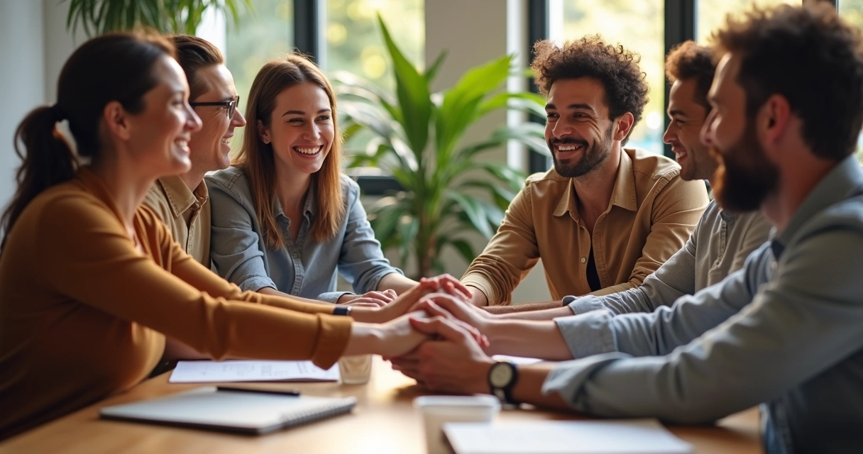 Grupo de personas en una reunión mostrando aprecio y colaboración