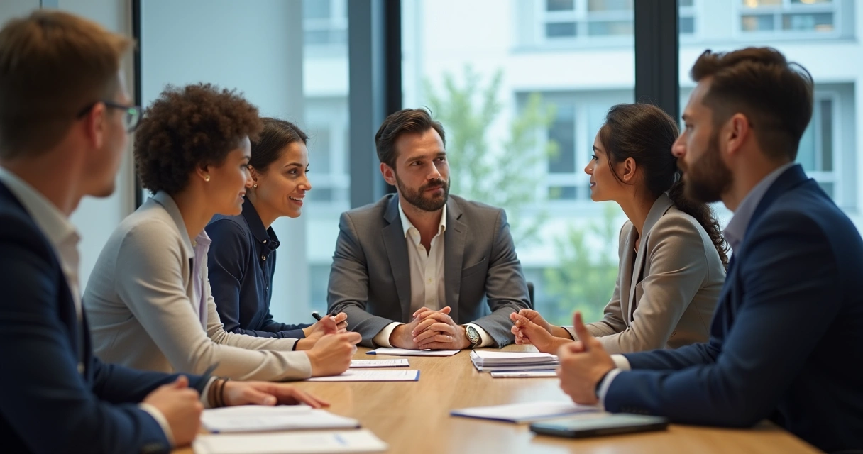 Personas en una sala de reuniones compartiendo ideas en una mesa redonda 