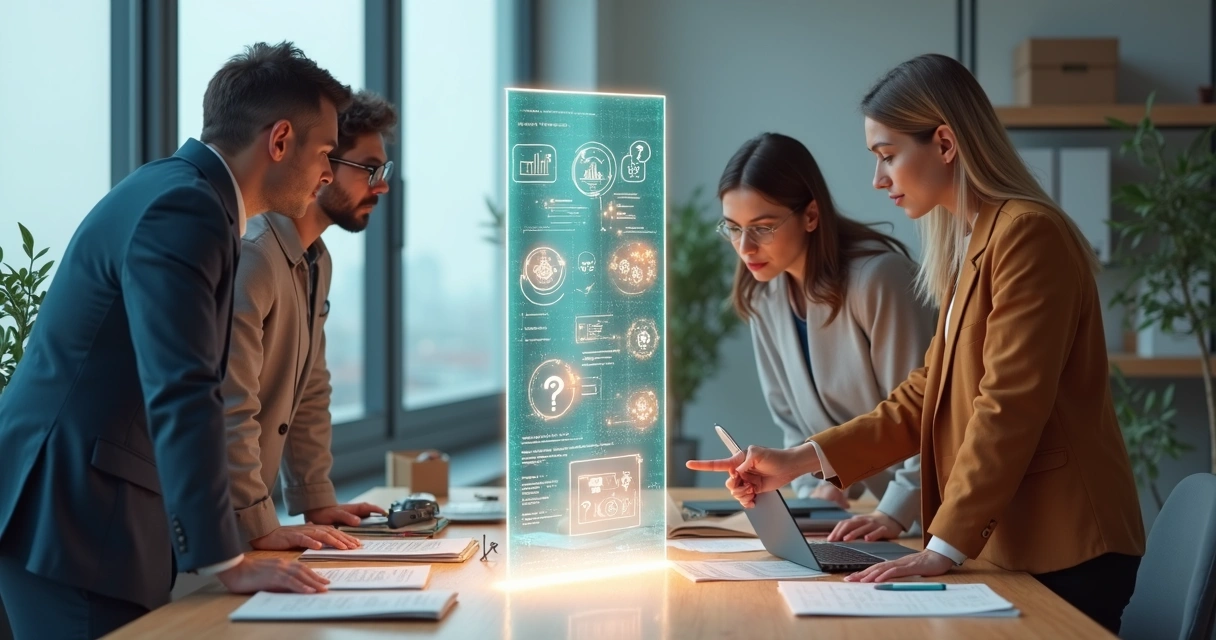 Equipo de trabajo observando planos transparentes con datos ocultos 