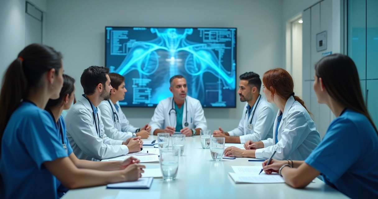 Equipo clínico reunido revisando un caso complejo 