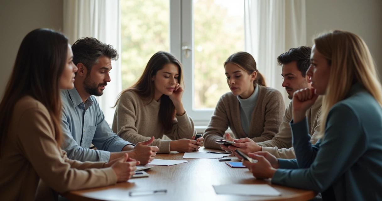 Grupo de personas en reunión mirando hacia el centro de la mesa 