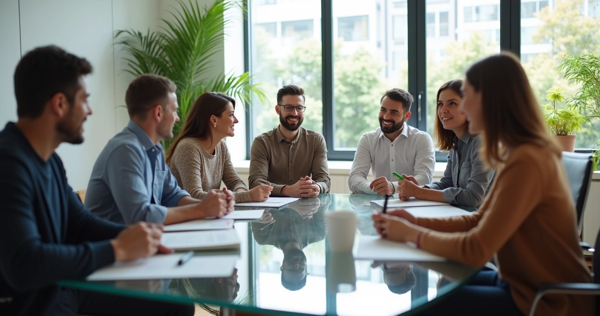 Equipo de trabajo reunido conversando de manera relajada