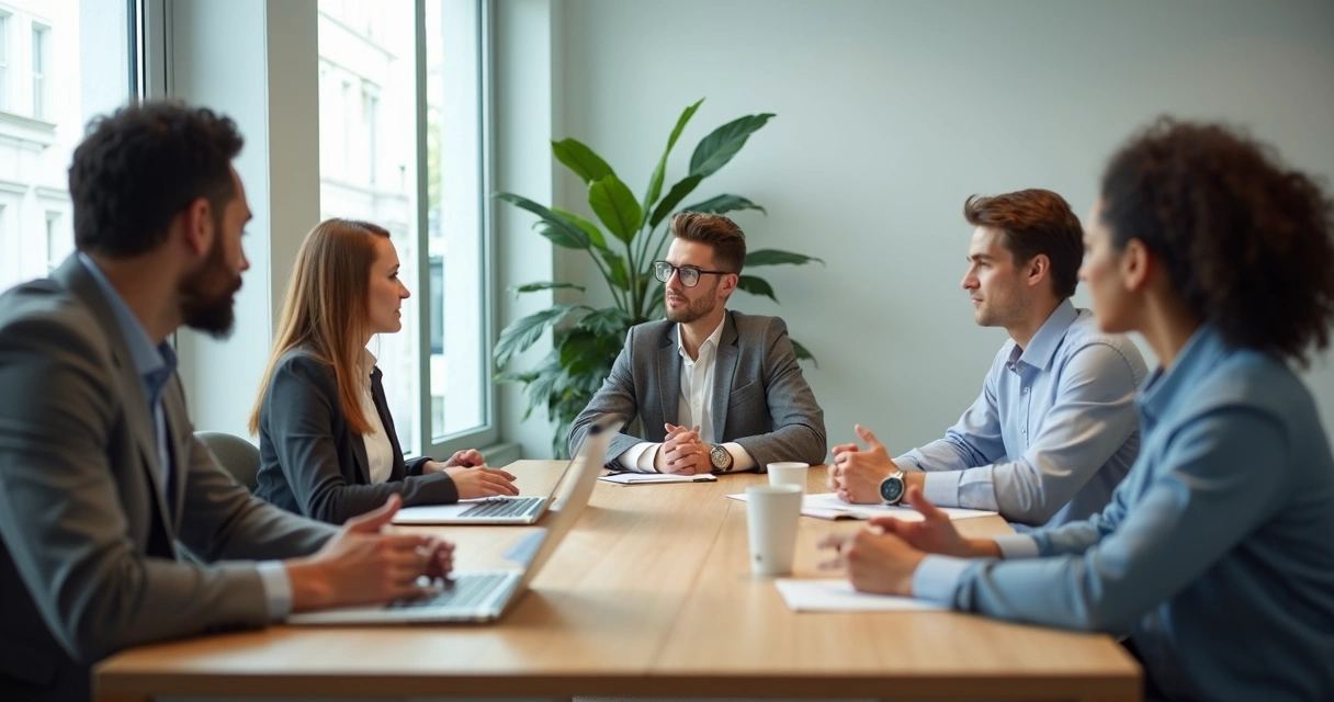 Equipo reunido compartiendo ideas en una sala de trabajo 
