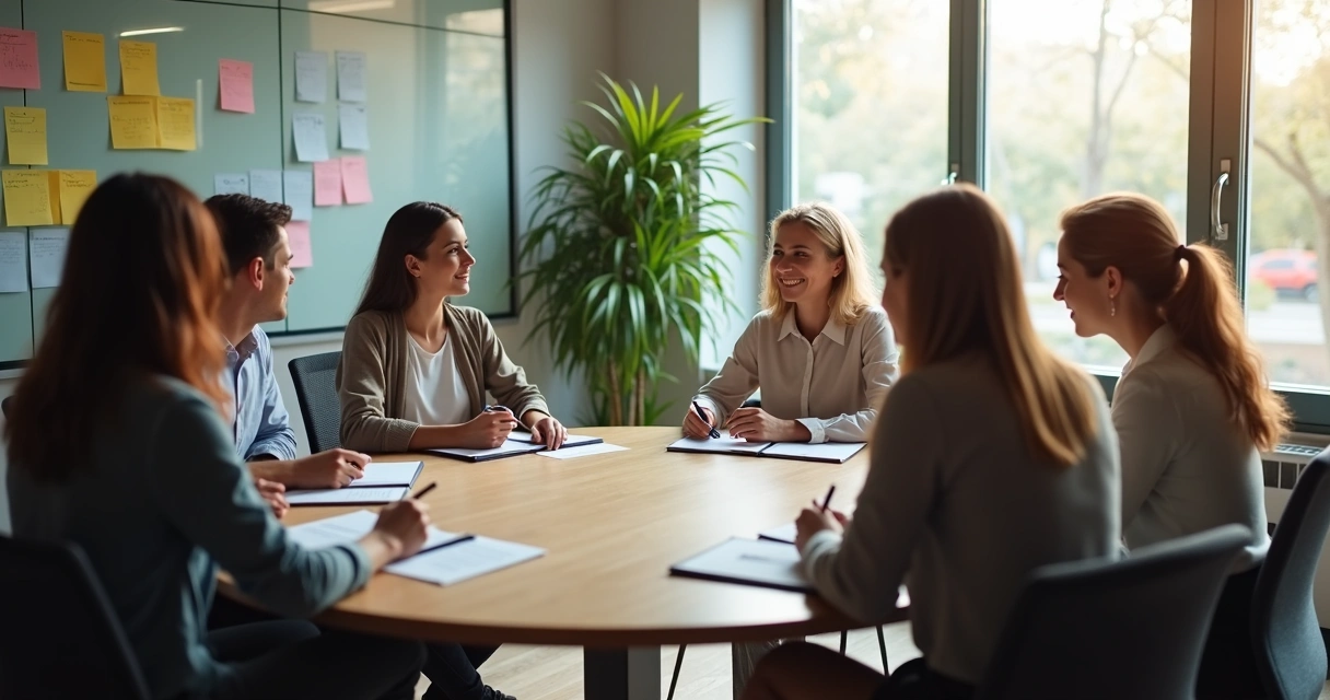 Equipo en reunión con notas y diálogo claro